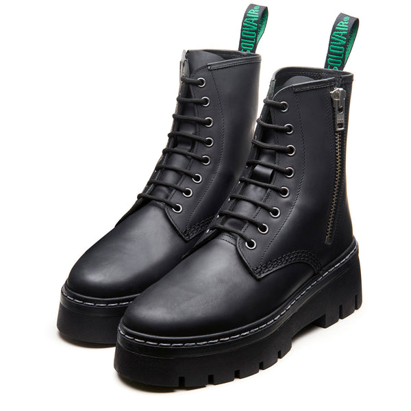 Solovair Black Greasy 8 Eye Zipped Platform Derby Boot