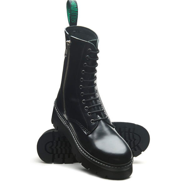 Solovair Black Hi-Shine 11 Eye Zipped Platform Derby Boot