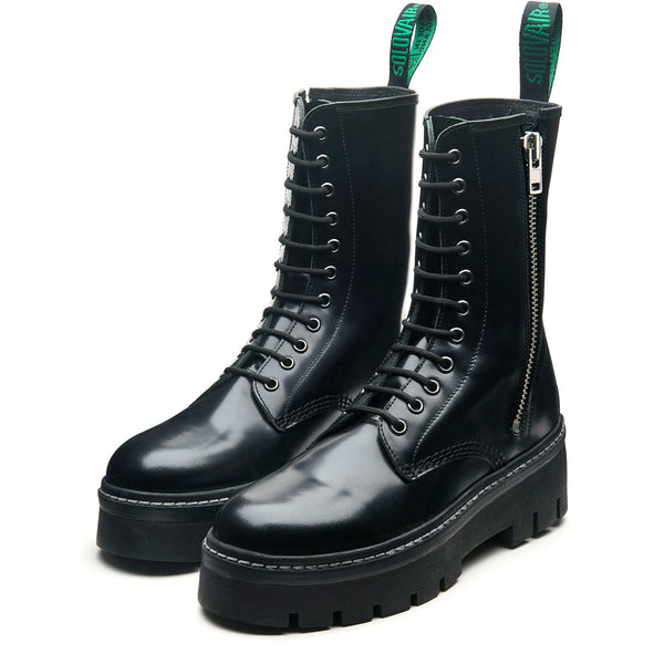 Solovair Black Hi-Shine 11 Eye Zipped Platform Derby Boot
