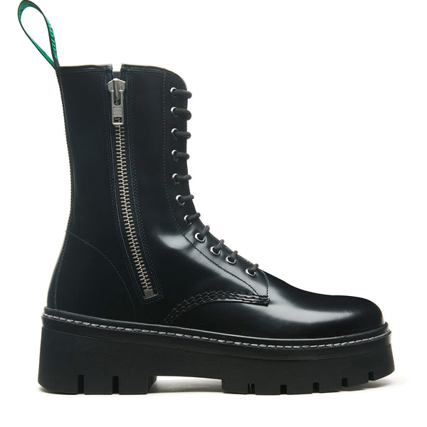 solovair Black Hi-Shine 11 Eye Zipped Platform Derby Boot