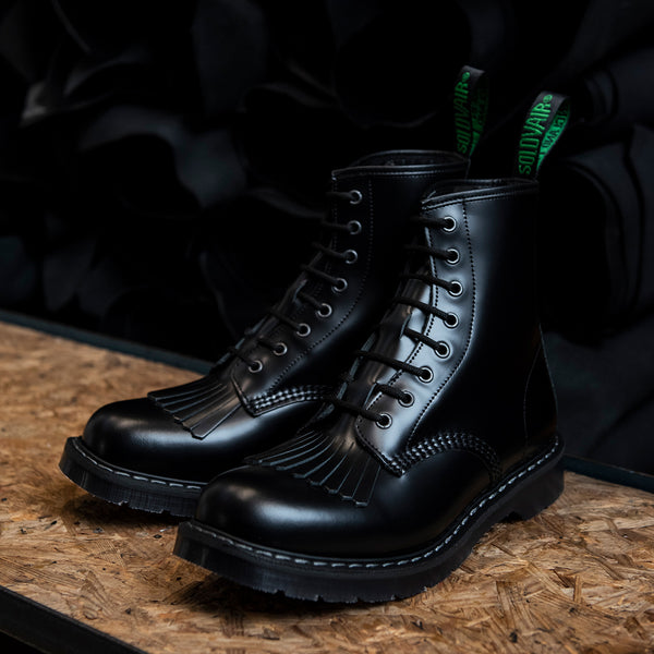 solovair Black Hi-Shine 8 Eye Derby Boot & Boot Kiltie