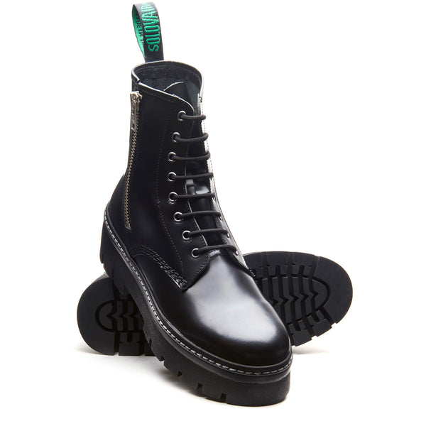 Solovair Black Hi-Shine 8 Eye Zipped Platform Derby Boot