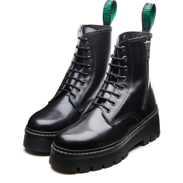 Solovair Black Hi-Shine 8 Eye Zipped Platform Derby Boot