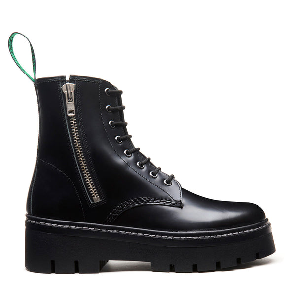 solovair Black Hi-Shine 8 Eye Zipped Platform Derby Boot