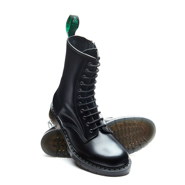 Solovair Black Hi-Shine 11 Eye Zip Derby Boot