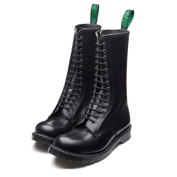 Solovair Black Hi-Shine 14 Eye Zip Derby Boot