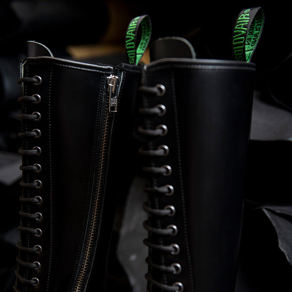 Solovair Black Hi-Shine 20 Eye Zip Derby Boot