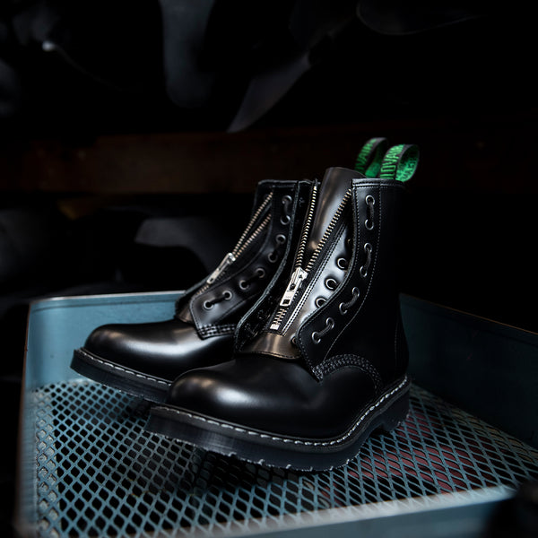 solovair Black Hi-Shine 8 Eye Derby Boot & Zip Guard
