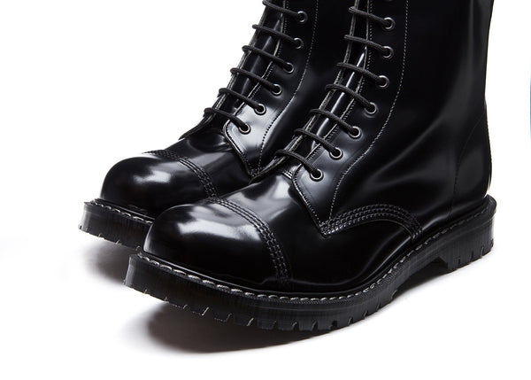 Solovair Black Hi-Shine 8 Eye Steel Toe Derby Boot