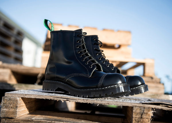 Solovair Black Hi-Shine 8 Eye Steel Toe Derby Boot