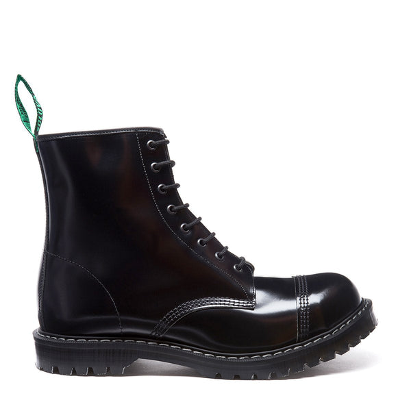 solovair Black Hi-Shine 8 Eye Steel Toe Derby Boot