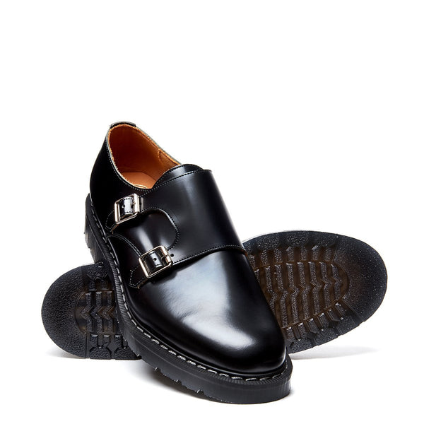 Solovair Black Hi-Shine Double Buckle Monk Shoe