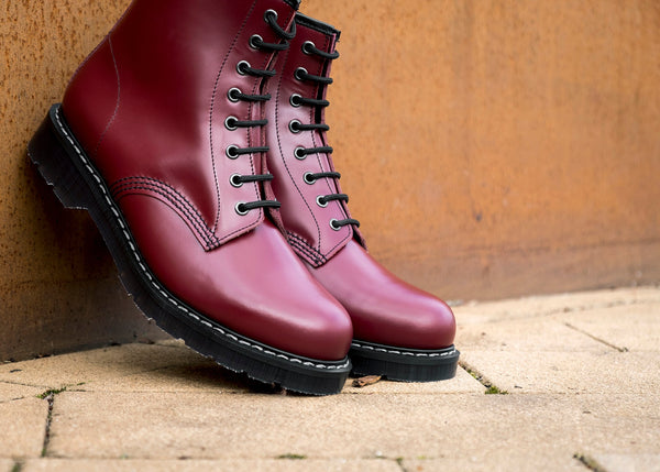 Solovair Cherry Red Hi-Shine 8 Eye Derby Boot