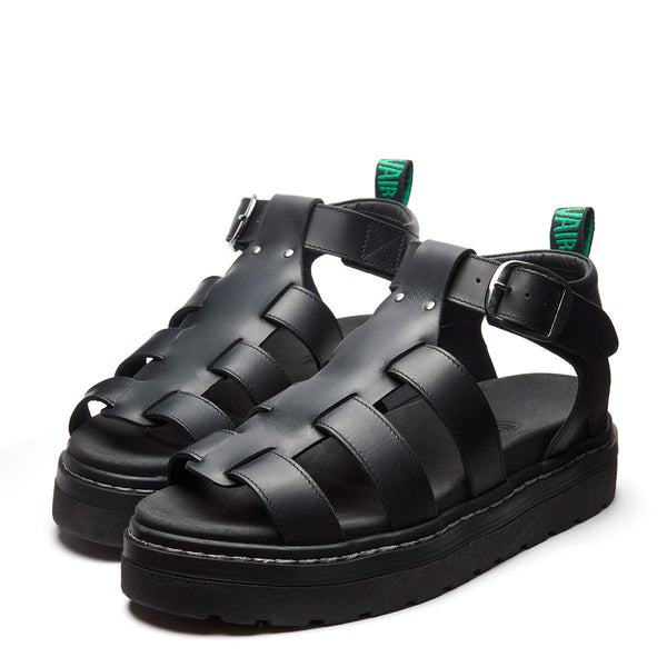 Solovair Grendon - Black Greasy Three Strap Sandal