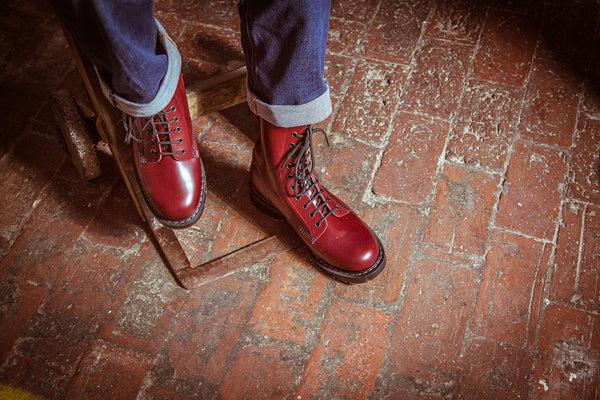Solovair Oxblood Hi-Shine 11 Eye Derby Boot