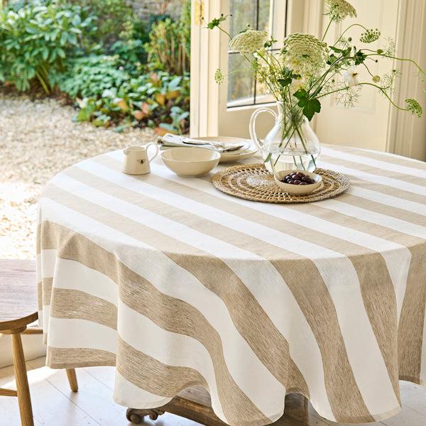 sophie allport Witham Sand Stripe Round Linen Tablecloth