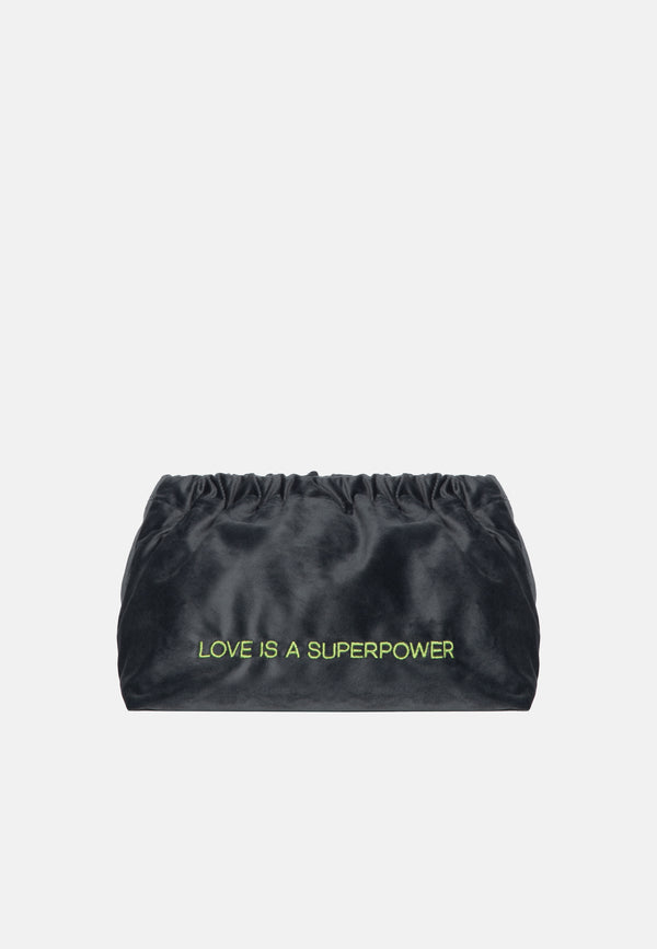 sorbet island VELVET CLUTCH BAG LOVE IS A SUPERPOWER ANTHRACITE