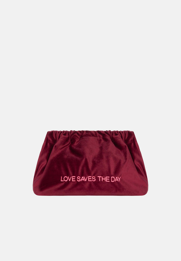 sorbet island VELVET CLUTCH BAG LOVE SAVES THE DAY BORDEAUX
