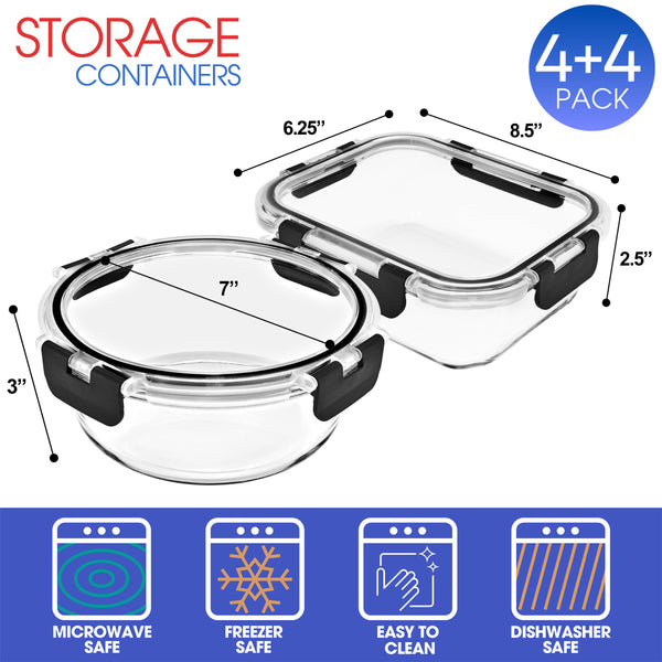 Sorbus Glass Meal Prep Containers Airtight Lids Mix Shape (Set Of 8)