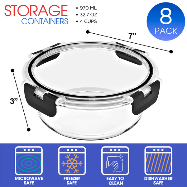 Sorbus Glass Round Food Containers With Airtight Lids (8 Pack)