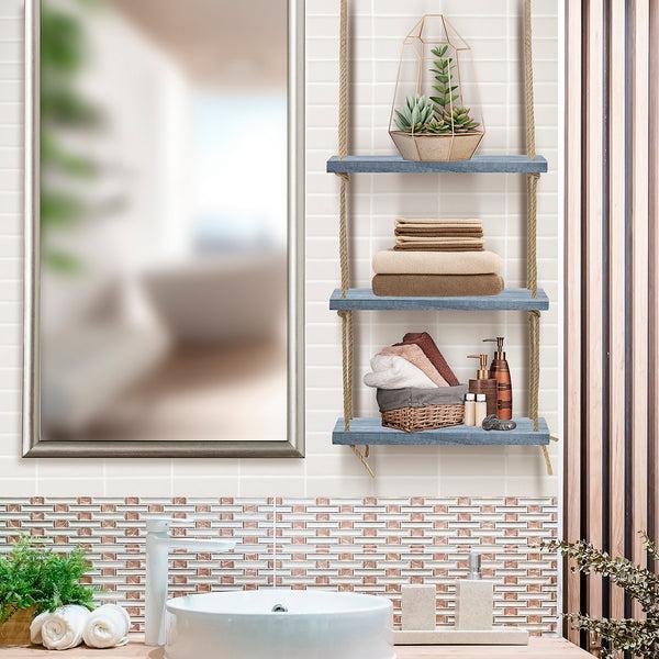 Sorbus Rope Floating Shelf Rustic Wood (3 Tier)