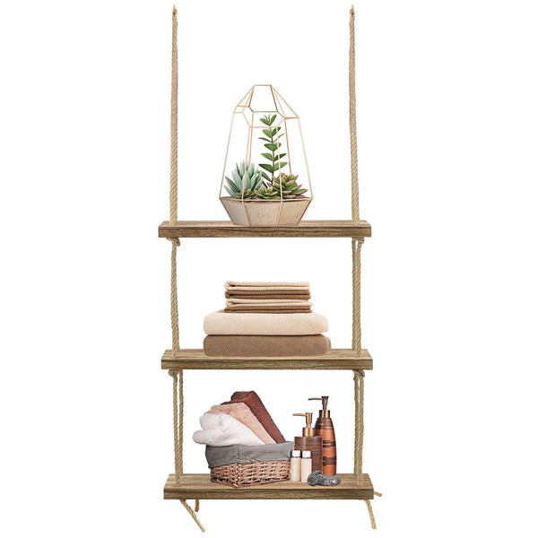 Sorbus Rope Floating Shelf Rustic Wood (3 Tier)