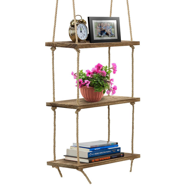 Sorbus Rope Floating Shelf Rustic Wood (3 Tier)