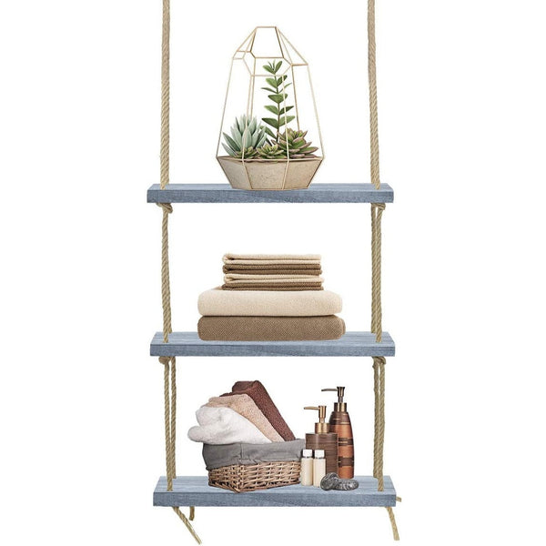 sorbus Rope Floating Shelf Rustic Wood (3 Tier)
