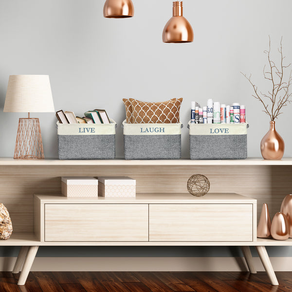Sorbus Twill Storage Basket Set - "LIVE LOVE LAUGH" (Upper Text)