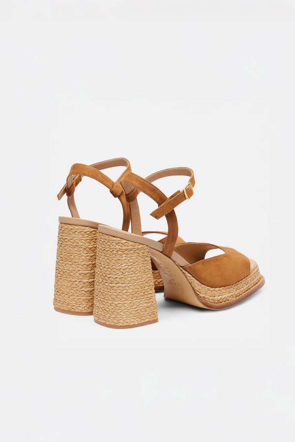 Souliers Martinez GRACIABrown Suede And Raffia Platform Sandals