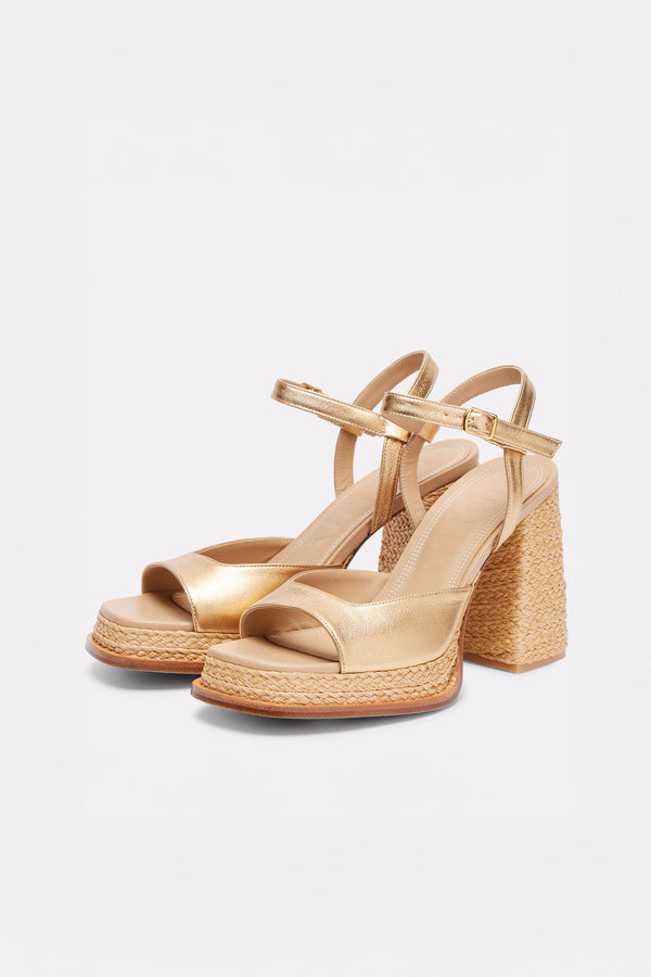 Souliers Martinez GRACIAGold Leather And Raffia Platform Sandals
