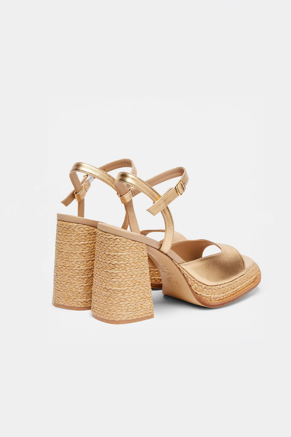 Souliers Martinez GRACIAGold Leather And Raffia Platform Sandals