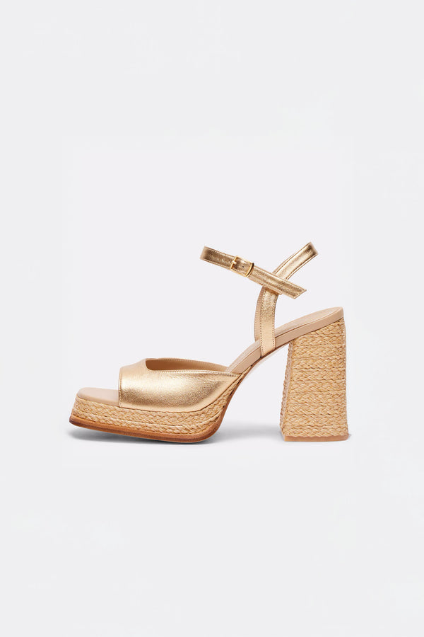 souliers martinez GRACIAGold Leather and Raffia Platform Sandals