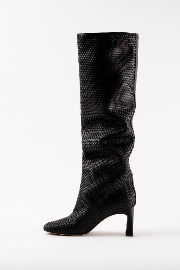 souliers martinez ROBERTABlack Woven Leather Knee-High Boots