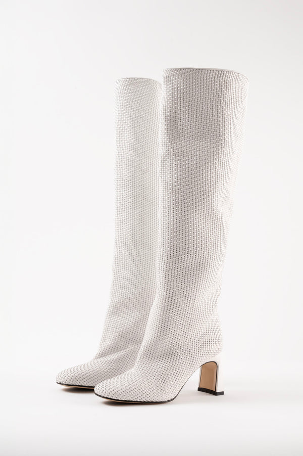 Souliers Martinez ROBERTAWhite Woven Leather Knee-High Boots