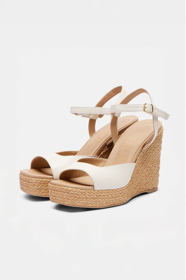 Souliers Martinez SUMMERWhite Leather And Raffia Platform Sandals