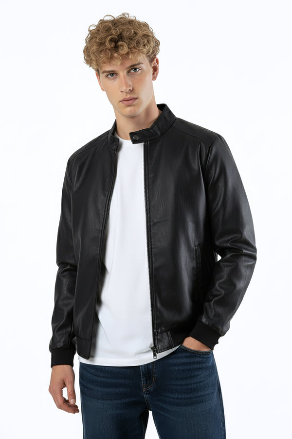 soulstar Faux Leather Jacket with Stand Collar Black
