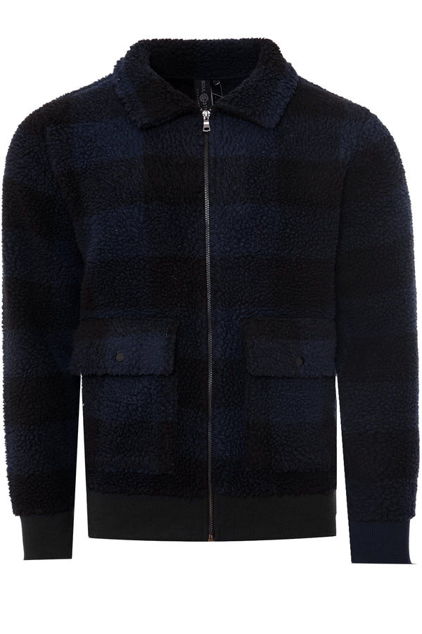 Soulstar Men's Checkered Sherpa Jacket - Buffalo Plaid Fleece Zip-Up Black