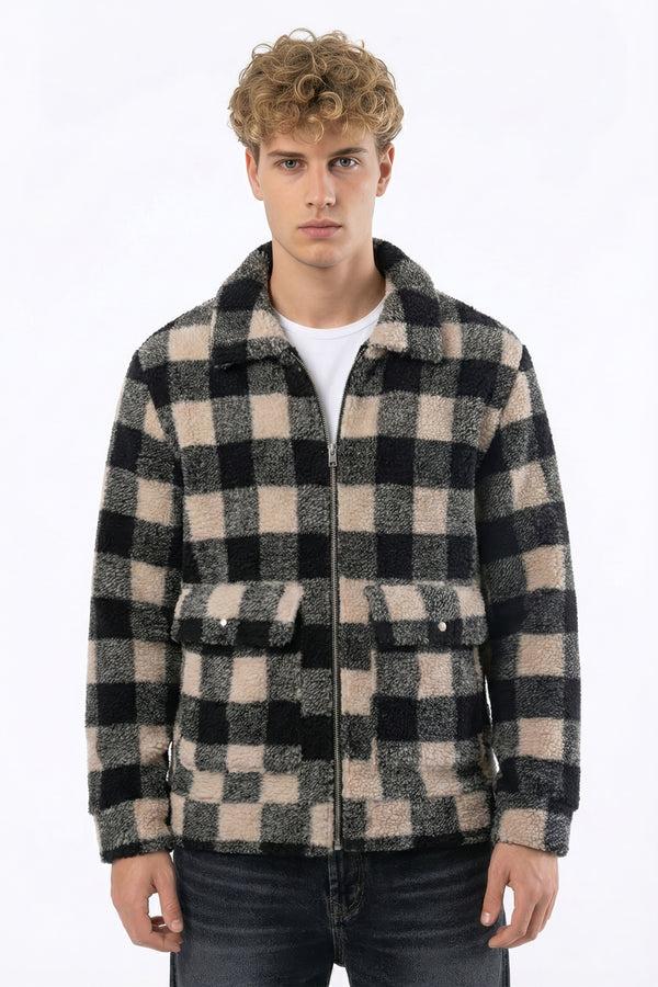 Soulstar Men's Checkered Sherpa Jacket - Buffalo Plaid Fleece Zip-Up Black