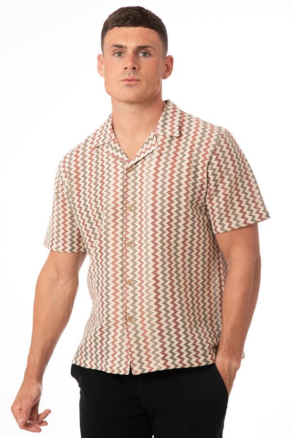 soulstar Men's Chevron Zigzag Pattern Short Sleeve Shirt Russet