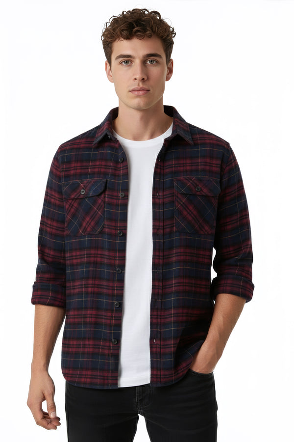 soulstar Men's Classic Checked Flannel Shirt Burgundy