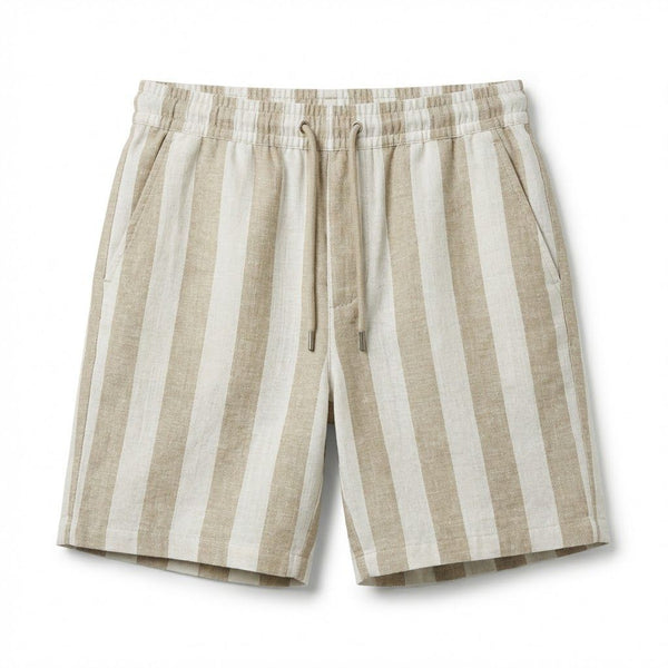 soulstar Men's Cotton Linen Dobby Stripe Drawstring Shorts Beige