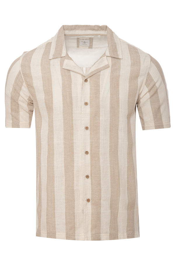 soulstar Men's Cotton Linen Dobby Stripe Revere Shirt Beige