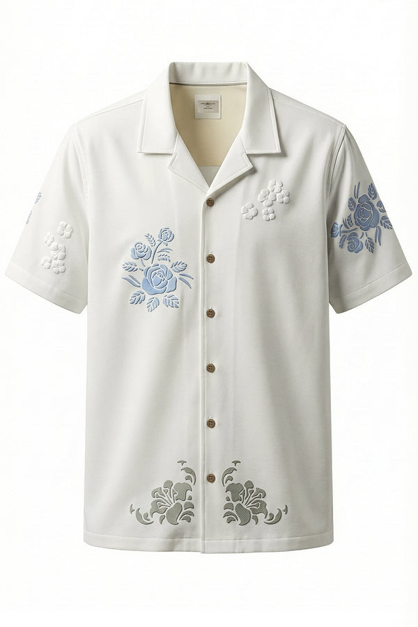 soulstar Men's Floral Embroidered Revere Collar Shirt White