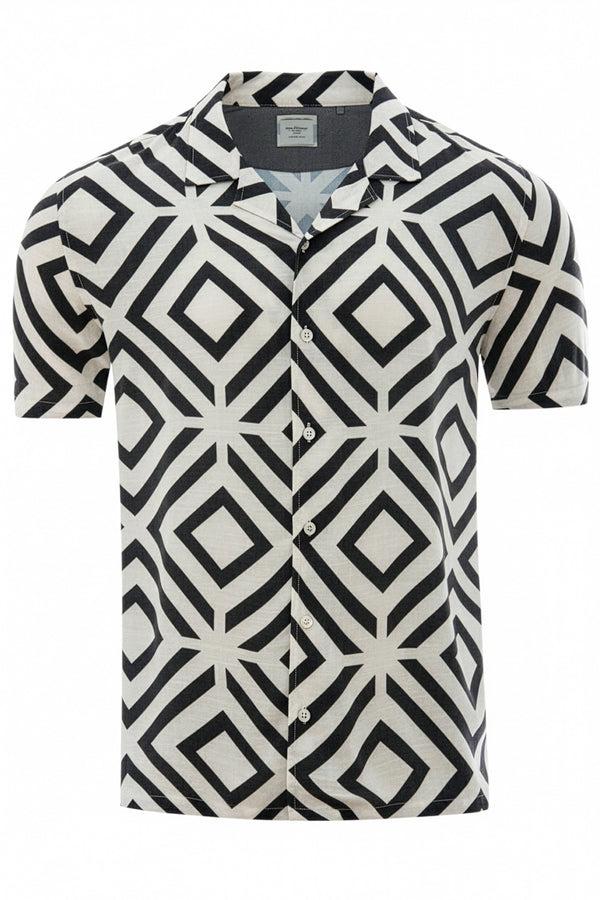 Soulstar Men's Geometric Diamond Viscose Revere Shirt Black