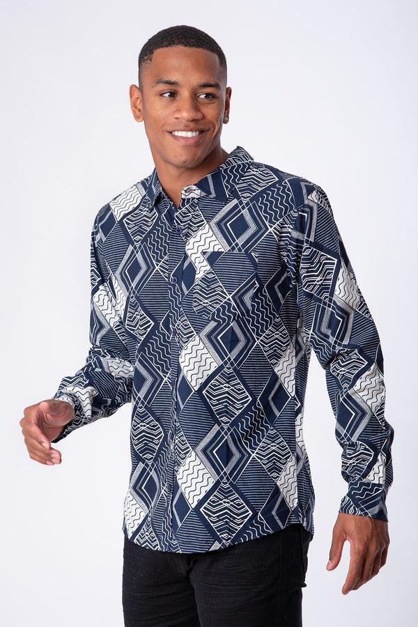 soulstar Men's Geometric Print Long Sleeve Shirt Black
