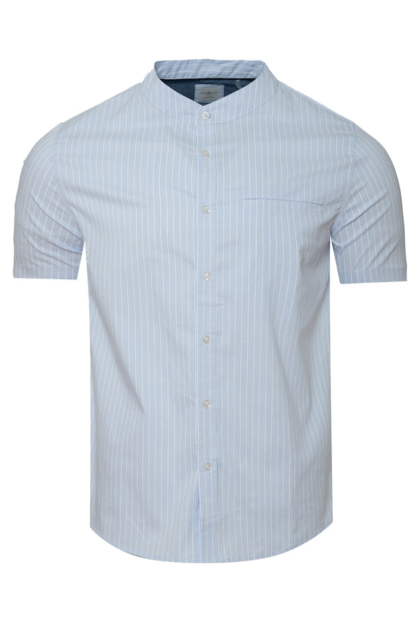 Soulstar Men's Grandad Collar Yarn Dyed Stripe Short Sleeve Shirt Light Blue