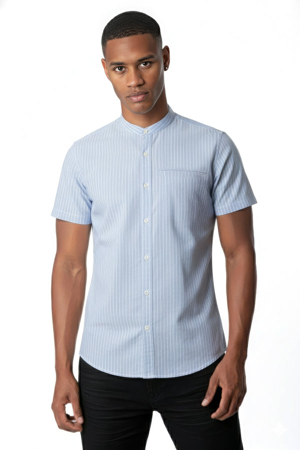 soulstar Men's Grandad Collar Yarn Dyed Stripe Short Sleeve Shirt Light blue