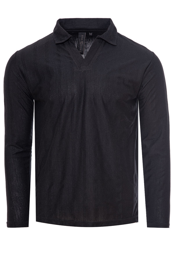 Soulstar Men's Long Sleeve Textured Polo Sweater Black