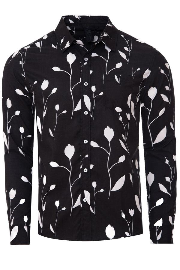 Soulstar Men's Modern Floral Print Long Sleeve Shirt Black
